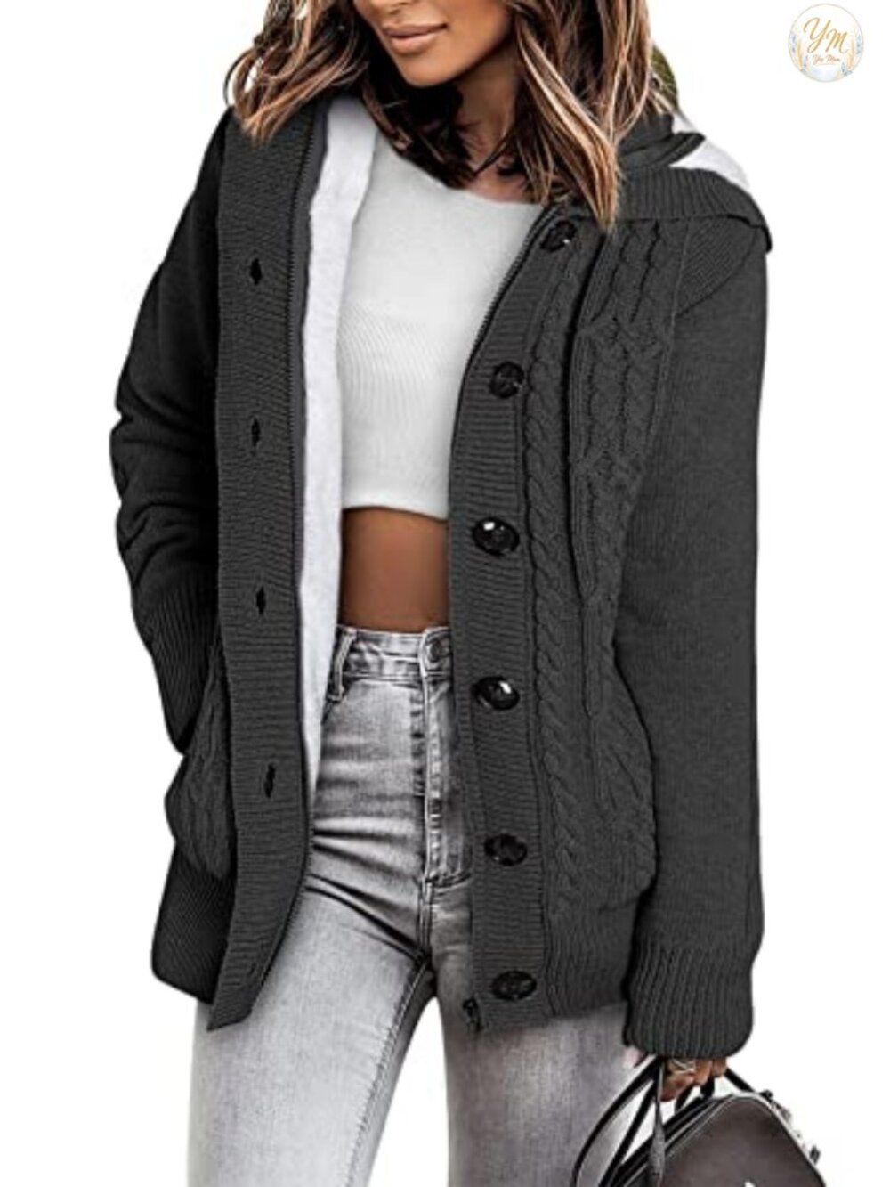 Women's Fleece Lined Hooded Cardigan Sweater Full Zip Button Long Sleeve Winter